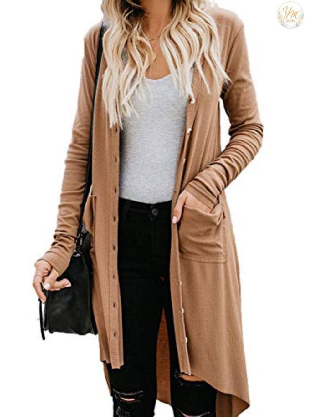Womens Long Ribbed Knit Open Front Button Down High Low Cardigan Sweater
